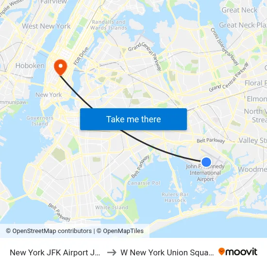 New York JFK Airport JFK to W New York Union Square map