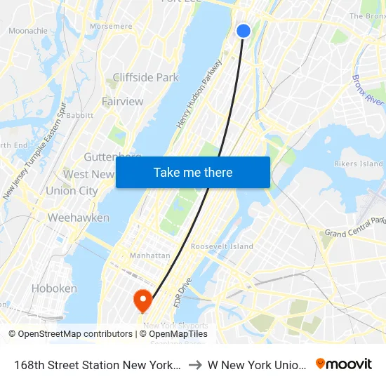 168th Street Station New York City Subway to W New York Union Square map