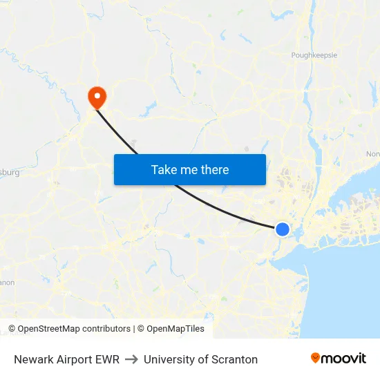 Newark Airport EWR to University of Scranton map