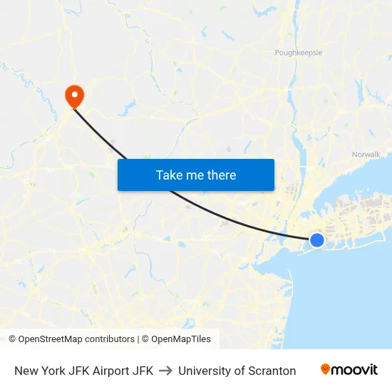 New York JFK Airport JFK to University of Scranton map