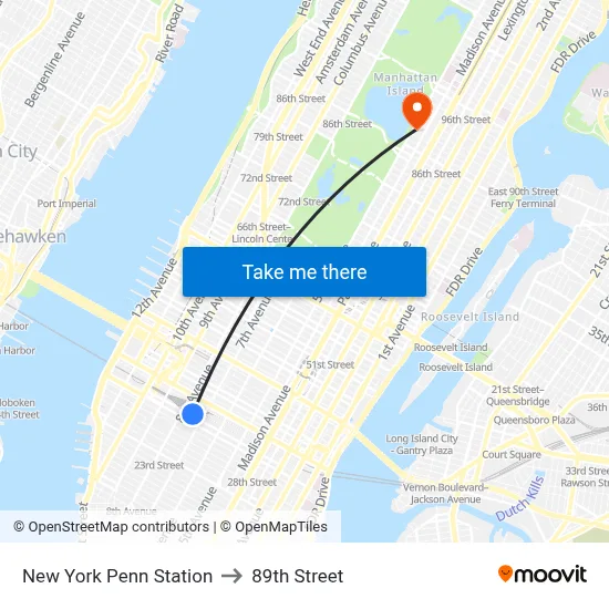 New York Penn Station to 89th Street map