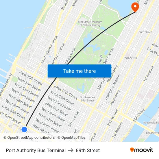 Port Authority Bus Terminal to 89th Street map