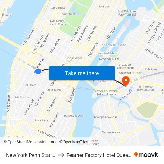 New York Penn Station to Feather Factory Hotel Queens map