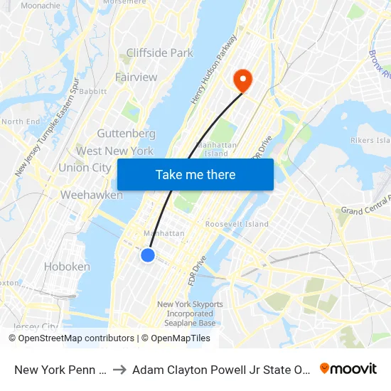 New York Penn Station to Adam Clayton Powell Jr State Office Building map
