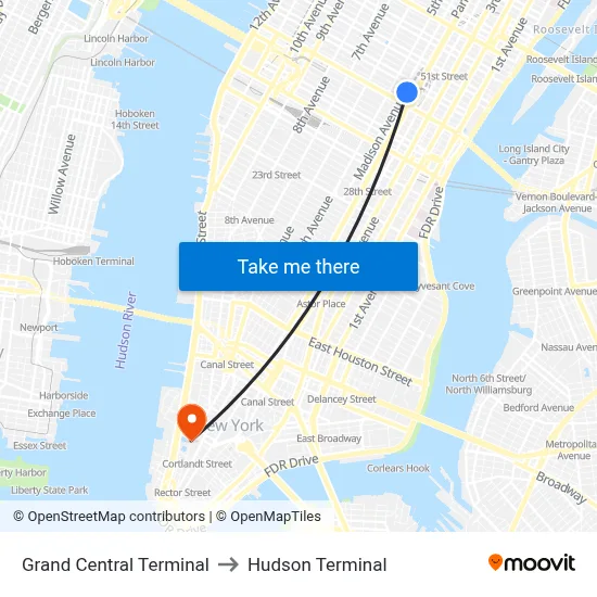 Grand Central Terminal to Hudson Terminal map