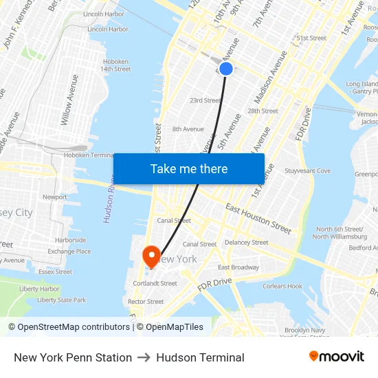 New York Penn Station to Hudson Terminal map