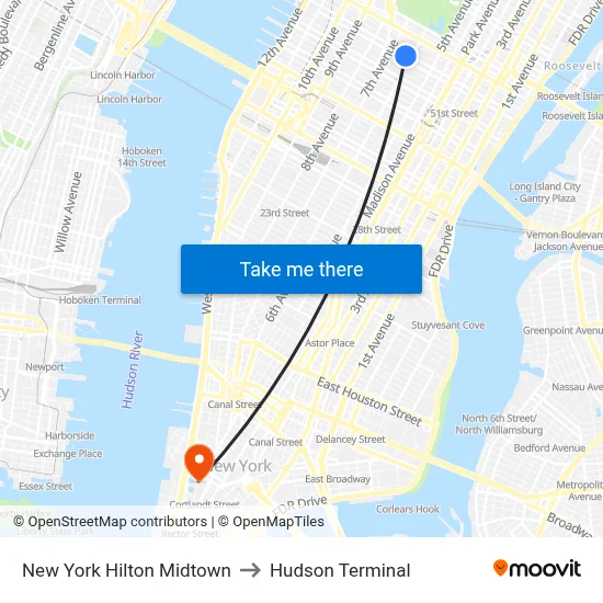 New York Hilton Midtown to Hudson Terminal map