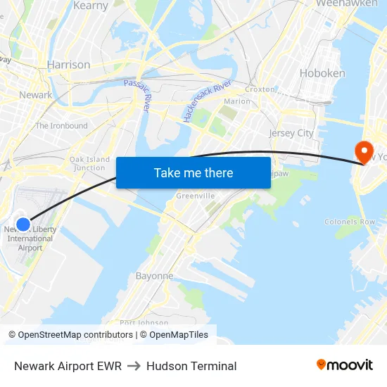 Newark Airport EWR to Hudson Terminal map