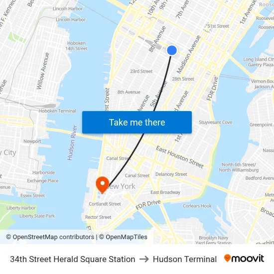34th Street Herald Square Station to Hudson Terminal map