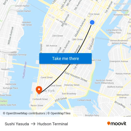 Sushi Yasuda, 204 E 43rd St to Hudson Terminal map