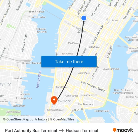 Port Authority Bus Terminal to Hudson Terminal map