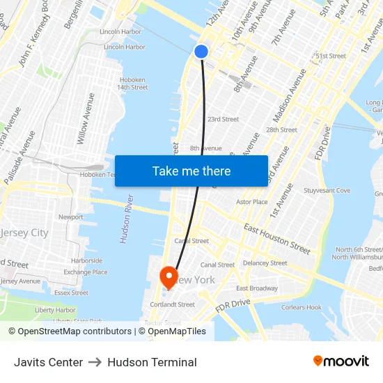 Javits Center to Hudson Terminal map