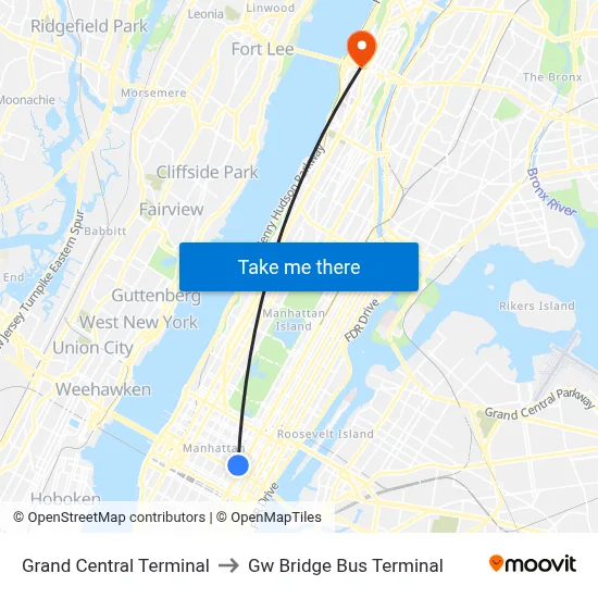 Grand Central Terminal to Gw Bridge Bus Terminal map
