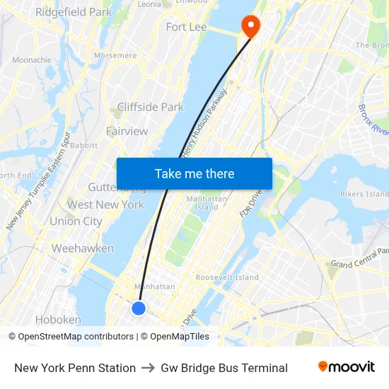 New York Penn Station to Gw Bridge Bus Terminal map