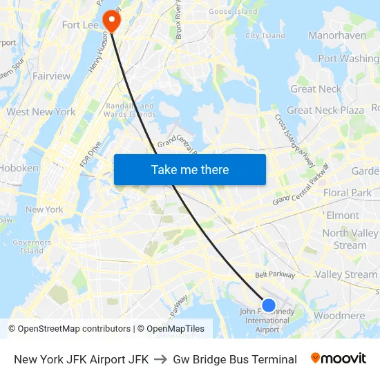 New York JFK Airport JFK to Gw Bridge Bus Terminal map
