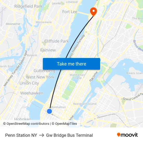 Penn Station NY to Gw Bridge Bus Terminal map