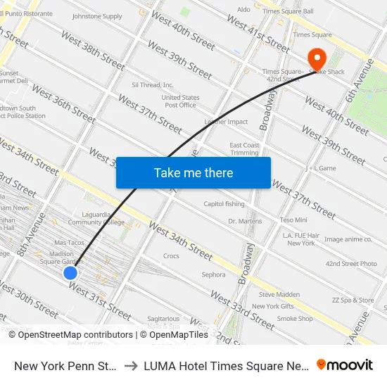 New York Penn Station to LUMA Hotel Times Square New York map