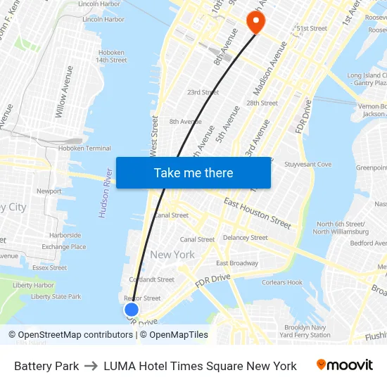 Battery Park to LUMA Hotel Times Square New York map