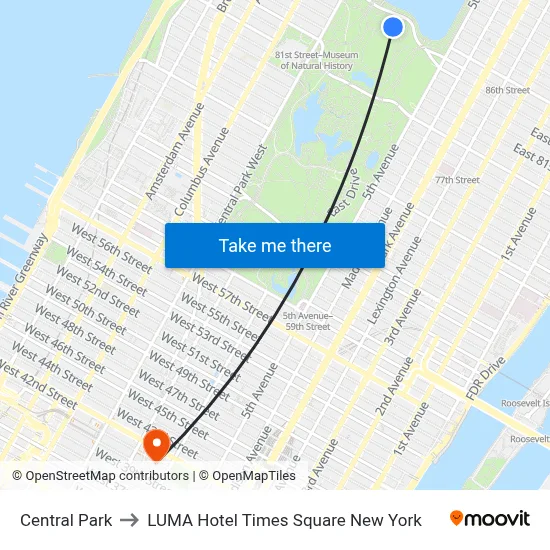 Central Park to LUMA Hotel Times Square New York map