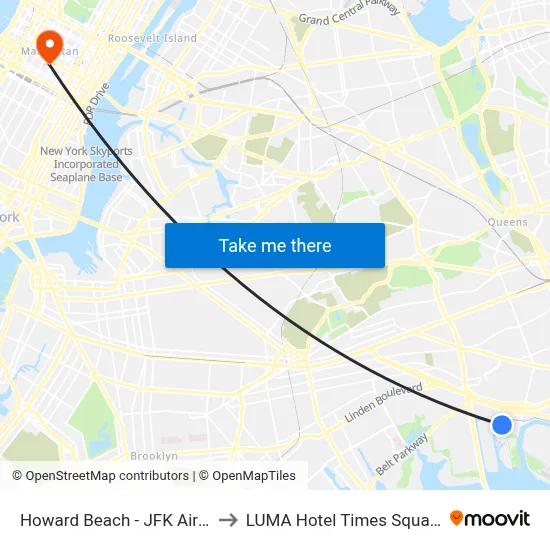 Howard Beach - JFK Airport Station to LUMA Hotel Times Square New York map