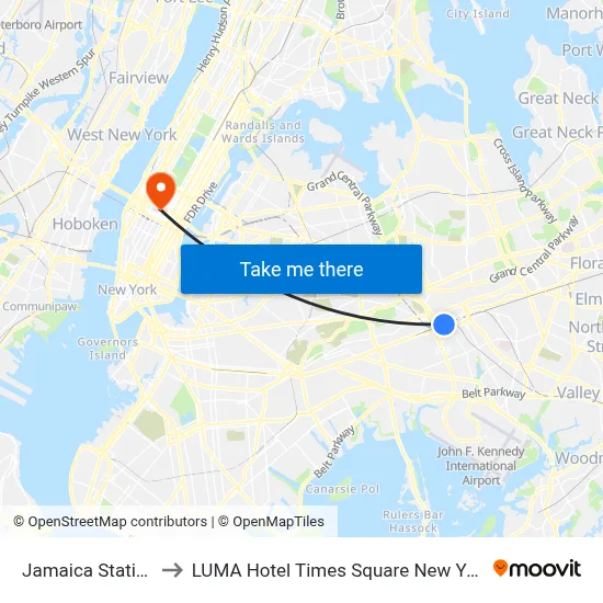 Jamaica Station to LUMA Hotel Times Square New York map