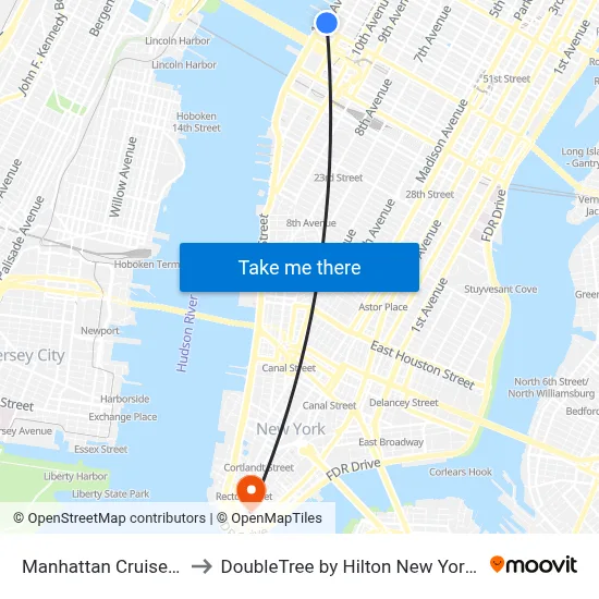 Manhattan Cruise Parking to DoubleTree by Hilton New York Downtown map