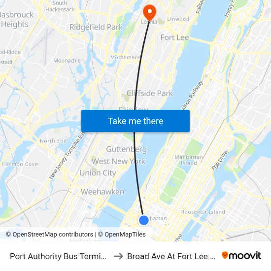 Port Authority Bus Terminal to Broad Ave At Fort Lee Rd map