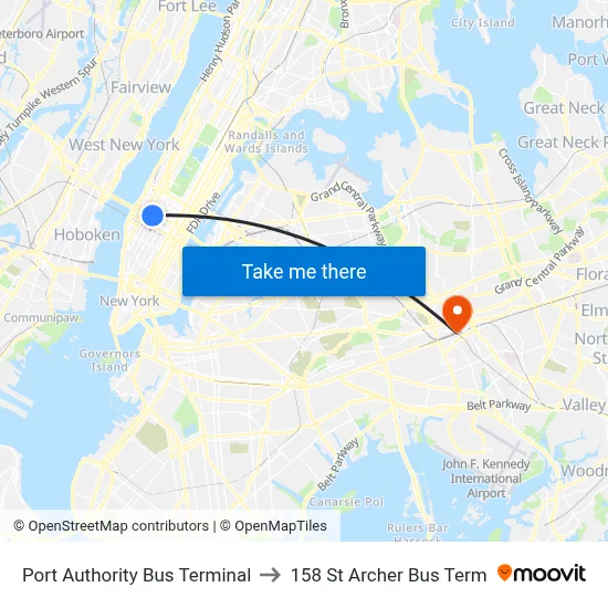 Port Authority Bus Terminal to 158 St Archer Bus Term map