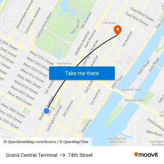 Grand Central Terminal to 74th Street map