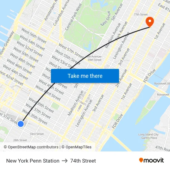 New York Penn Station to 74th Street map