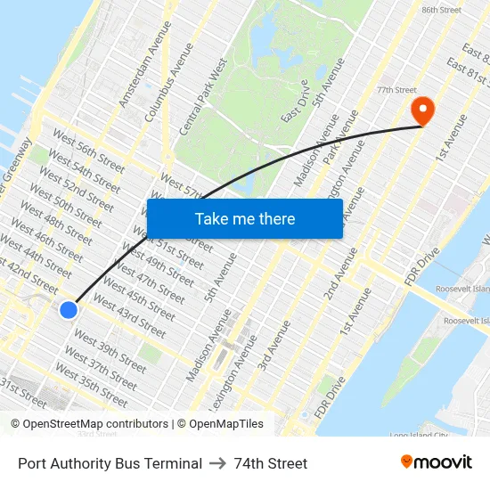 Port Authority Bus Terminal to 74th Street map