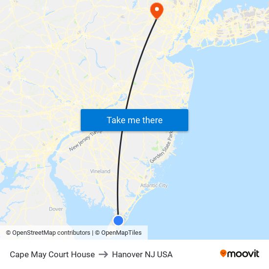 Cape May Court House to Hanover NJ USA map