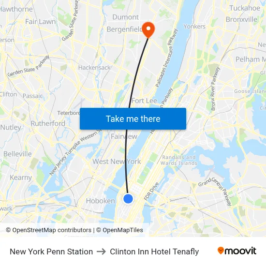 New York Penn Station to Clinton Inn Hotel Tenafly map