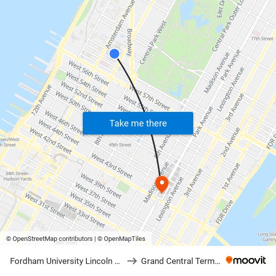 Fordham University Lincoln Center Campus to Grand Central Terminal Station map