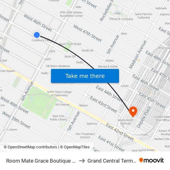 Room Mate Grace Boutique Hotel New York to Grand Central Terminal Station map