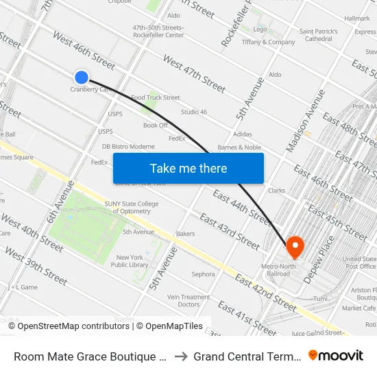 Room Mate Grace Boutique Hotel New York to Grand Central Terminal Station map