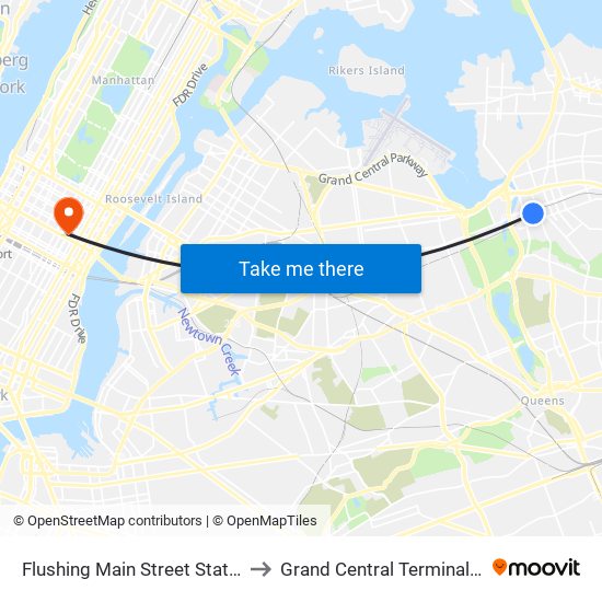 Flushing Main Street Station LIRR to Grand Central Terminal Station map