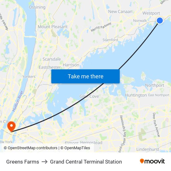 Greens Farms to Grand Central Terminal Station map