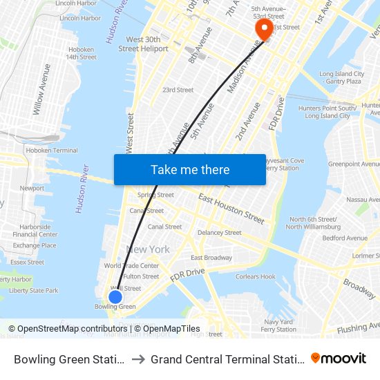 Bowling Green Station to Grand Central Terminal Station map