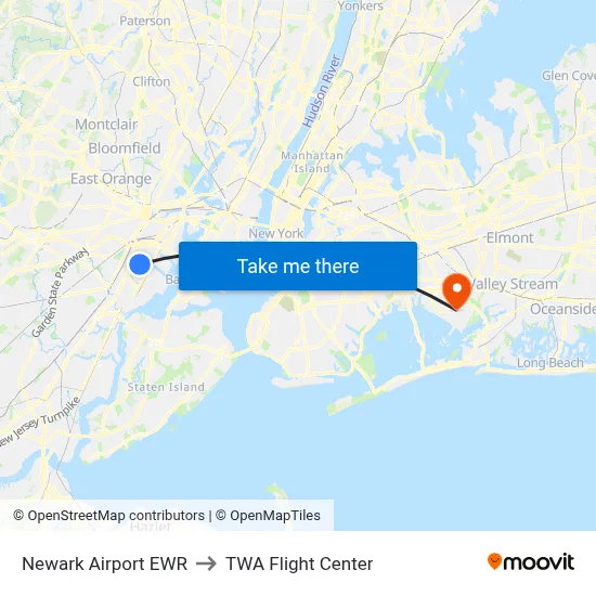 Newark Airport EWR to TWA Flight Center map