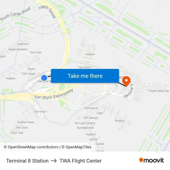 Terminal 8 Station to TWA Flight Center map