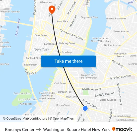 Barclays Center to Washington Square Hotel New York map