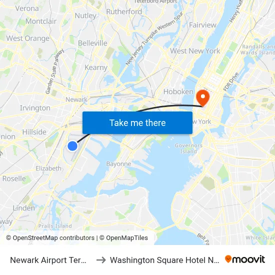 Newark Airport Terminal B to Washington Square Hotel New York map