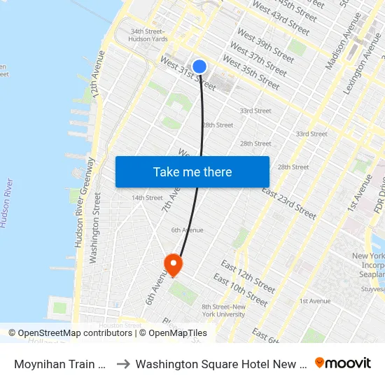 Moynihan Train Hall to Washington Square Hotel New York map
