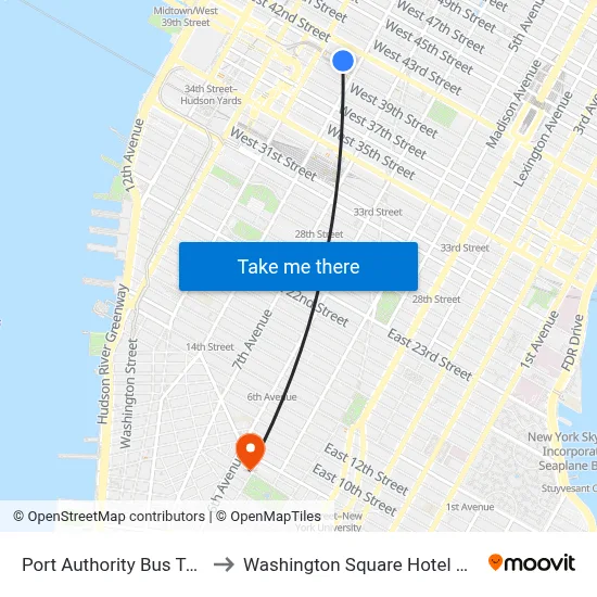 Port Authority Bus Terminal to Washington Square Hotel New York map