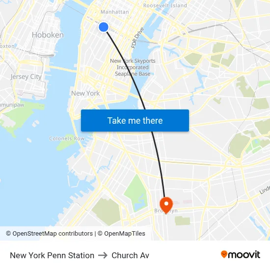 New York Penn Station to Church Av map