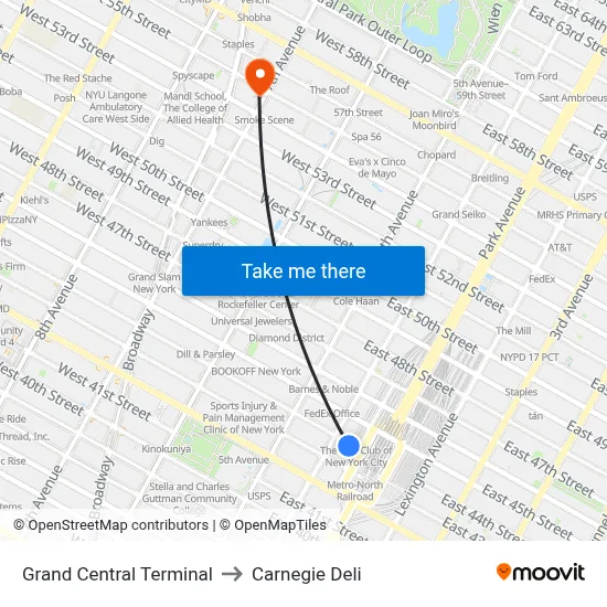 Grand Central Terminal to Carnegie Deli map