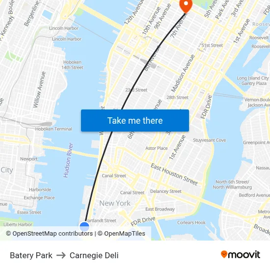 Batery Park to Carnegie Deli map