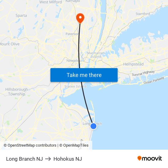Long Branch NJ to Hohokus NJ map