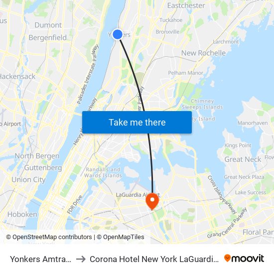 Yonkers Amtrak Station to Corona Hotel New York LaGuardia Airport Queens map